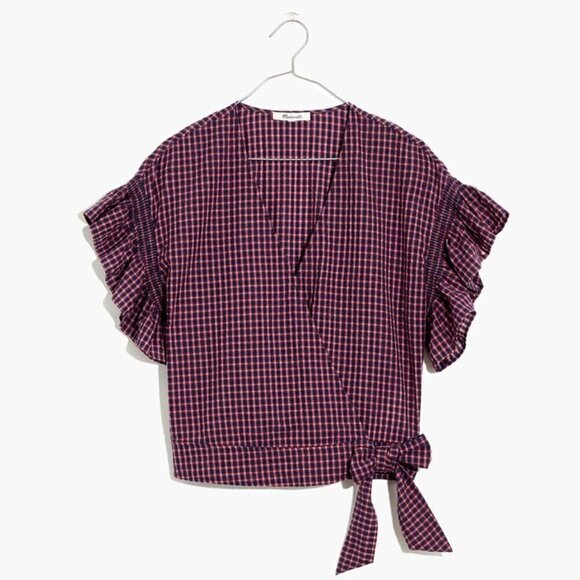 Madewell Flutter-Sleeve Side-Tie Wrap Top in Plaid XS - Picture 1 of 11